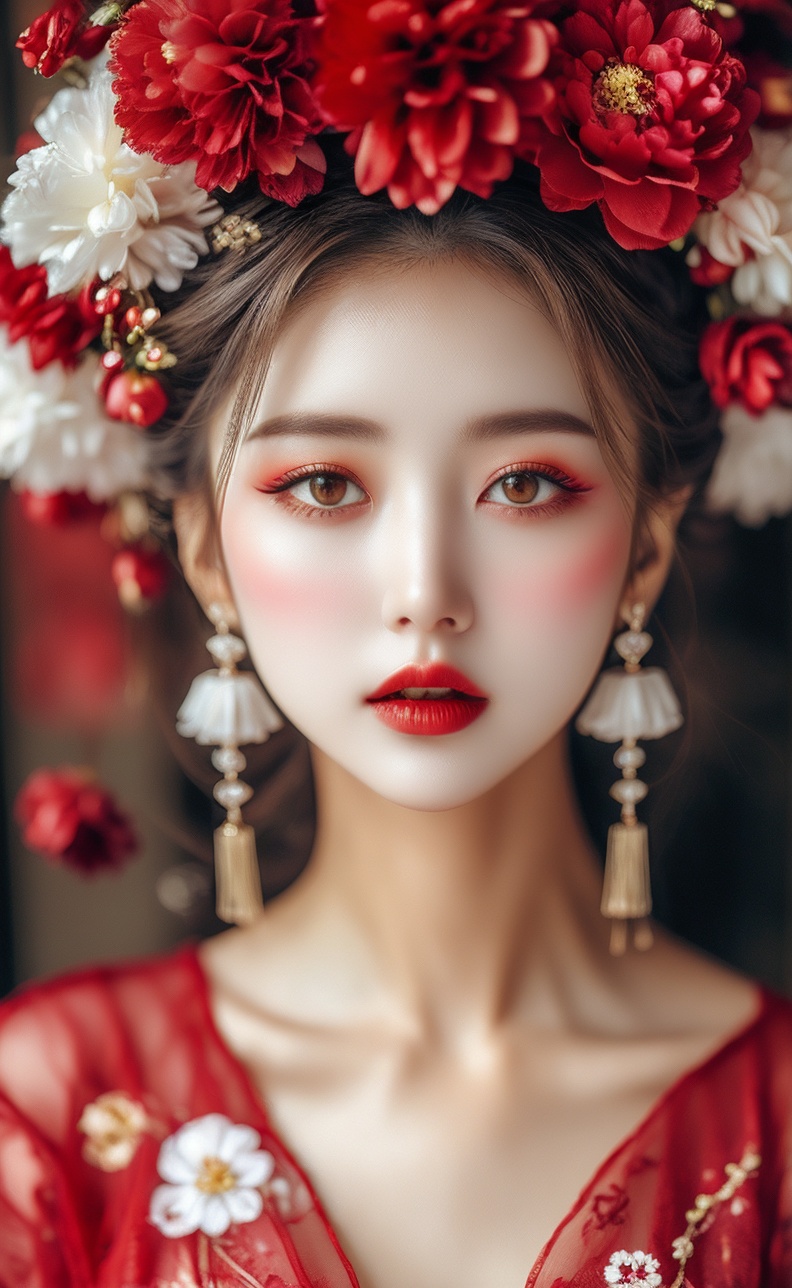 1girl, flower, solo, hair ornament, red lips, jewelry, earrings, brown eyes, looking at viewer, hair flower, makeup, parted lips, brown hair, white flower, lipstick, blurry, realistic, red flower, portrait