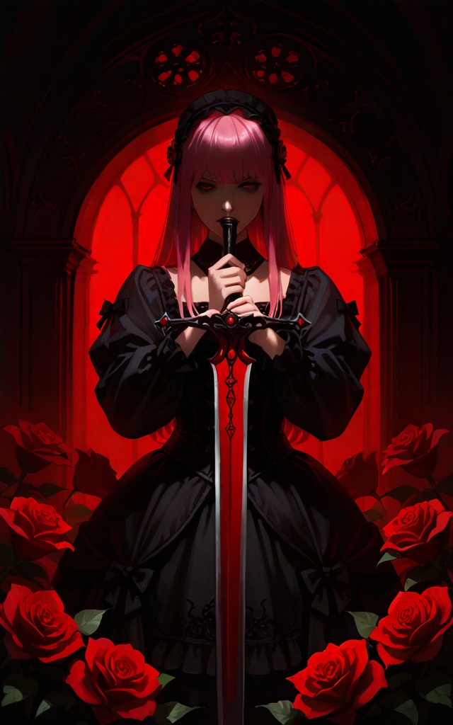 mysterious woman with pink hair,  holding a sword,  surrounded by red roses on Tensor.Art