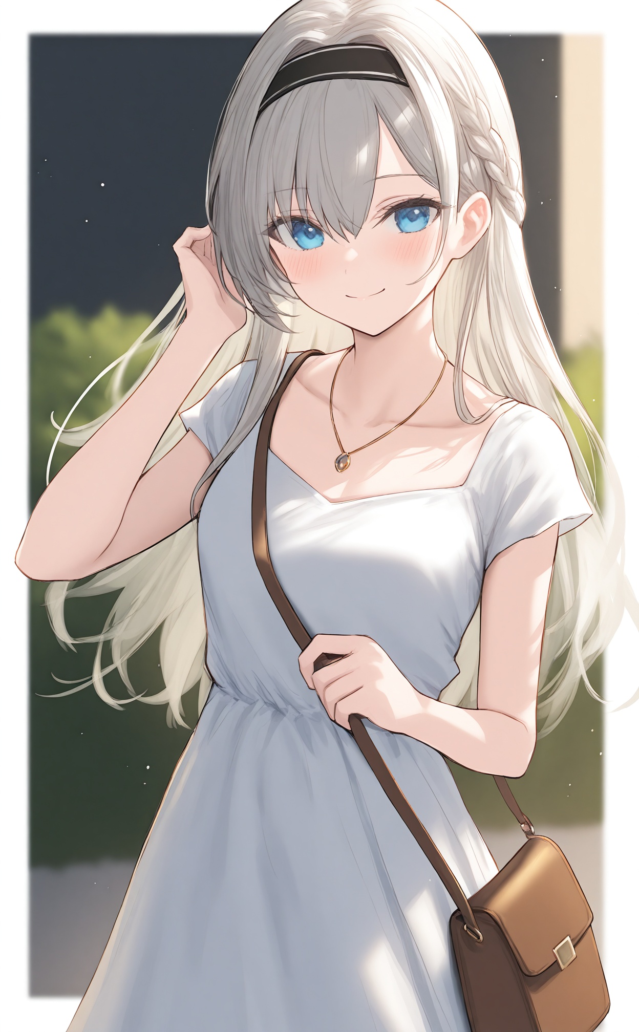 masterpiece,best quality,1girl,blue eyes,bag,solo,smile,white dress,dress,looking at viewer,braid,hairband,handbag,closed mouth,black hairband,long hair,blurry background,blush,blurry,necklace,light particles,brown bag,white hair,shoulder bag,jewelry,short sleeves,hand up,grey hair,hair between eyes,outside border,collarbone,