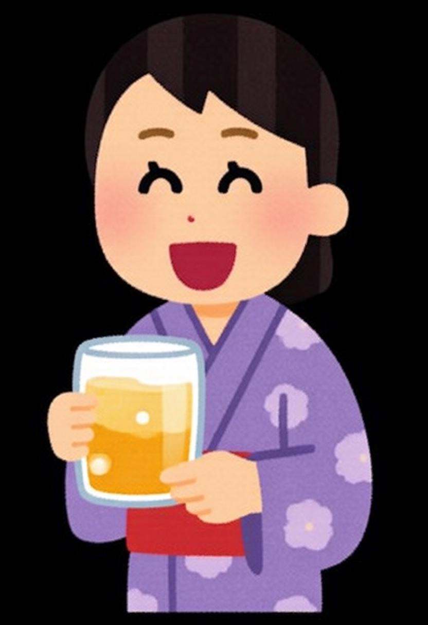 irasutoya3q illustration. A woman wearing a purple kimono with floral patterns,  holding a large glass of beer. She has a...