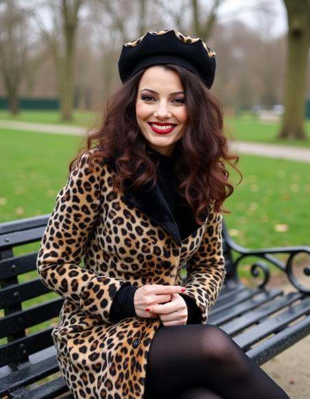 This is a photograph of a woman sitting on a black metal bench with in a park. She is dressed in a stylish,  leopard print...