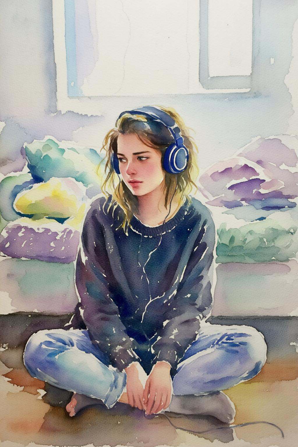 watercolorbasic2q watercolor painting.A young woman sitting cross-legged on the floor,  wearing a dark sweatshirt and ligh...