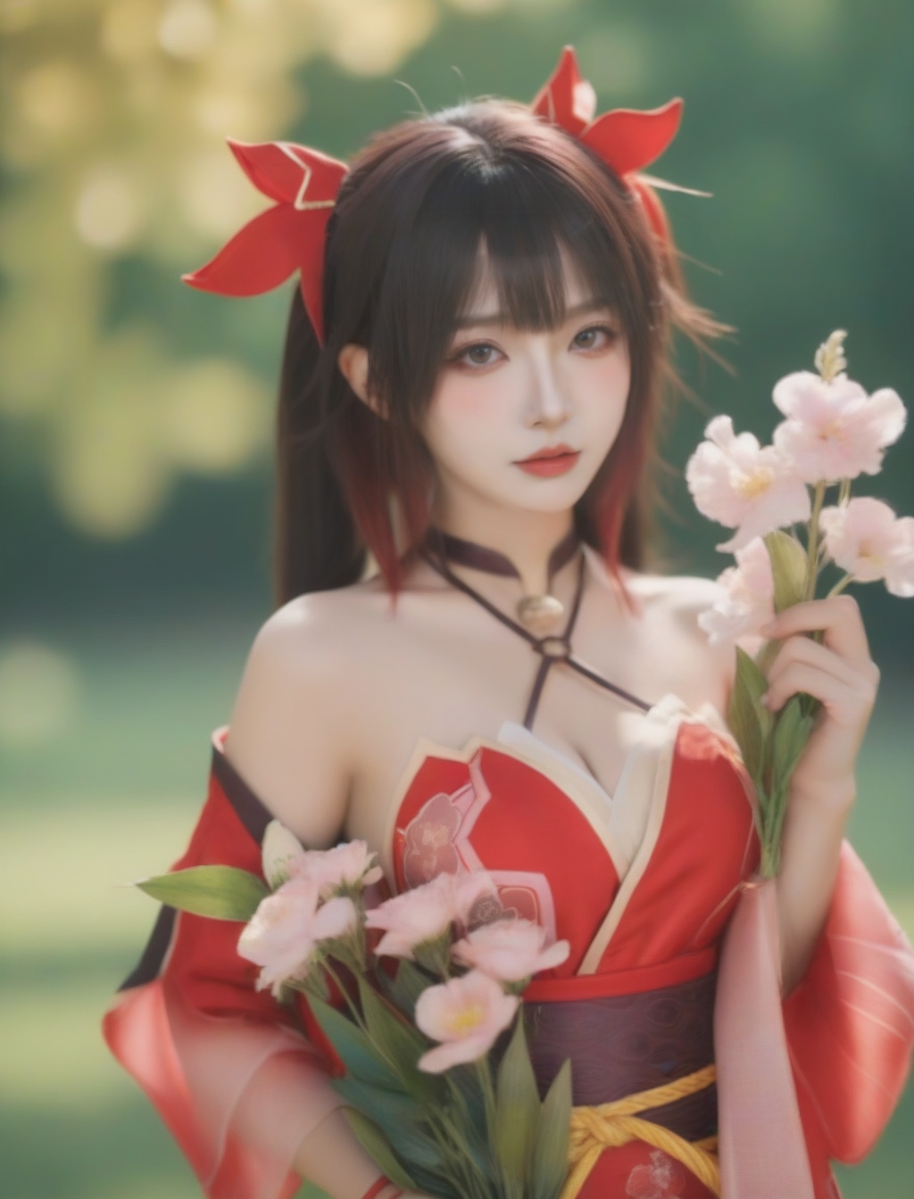 <lora:花火-000008:0.7>,huohua in a red kimono holds a white and red mask.,red dress of flower fire,breasts,looking at viewer,cleavage,bare shoulders,detached sleeves,choker,mole,sash,mole under eye,obi,mask on head,fox mask,Ultra-realistic 8k CG,masterpiece,best quality,(photorealistic:1.4),HDR,absurdres,Professional,RAW photo,lens flare,(film grain:1.1),Bokeh,((Depth of field)),studio light, a woman with a bouquet of flowers  and a green background behind her head, in a park, 1girl, black_hair, blurry, bouquet, depth_of_field, flower, grass, green_background, lips, short_hair, solo, Highly detailed,Professional,extreme detail description;,