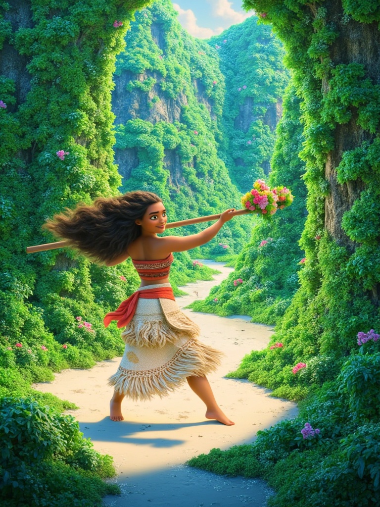 A cinematic and vibrant photograph of Moana set in a lush,  tropical Polynesian landscape with intricate foliage and subtl...