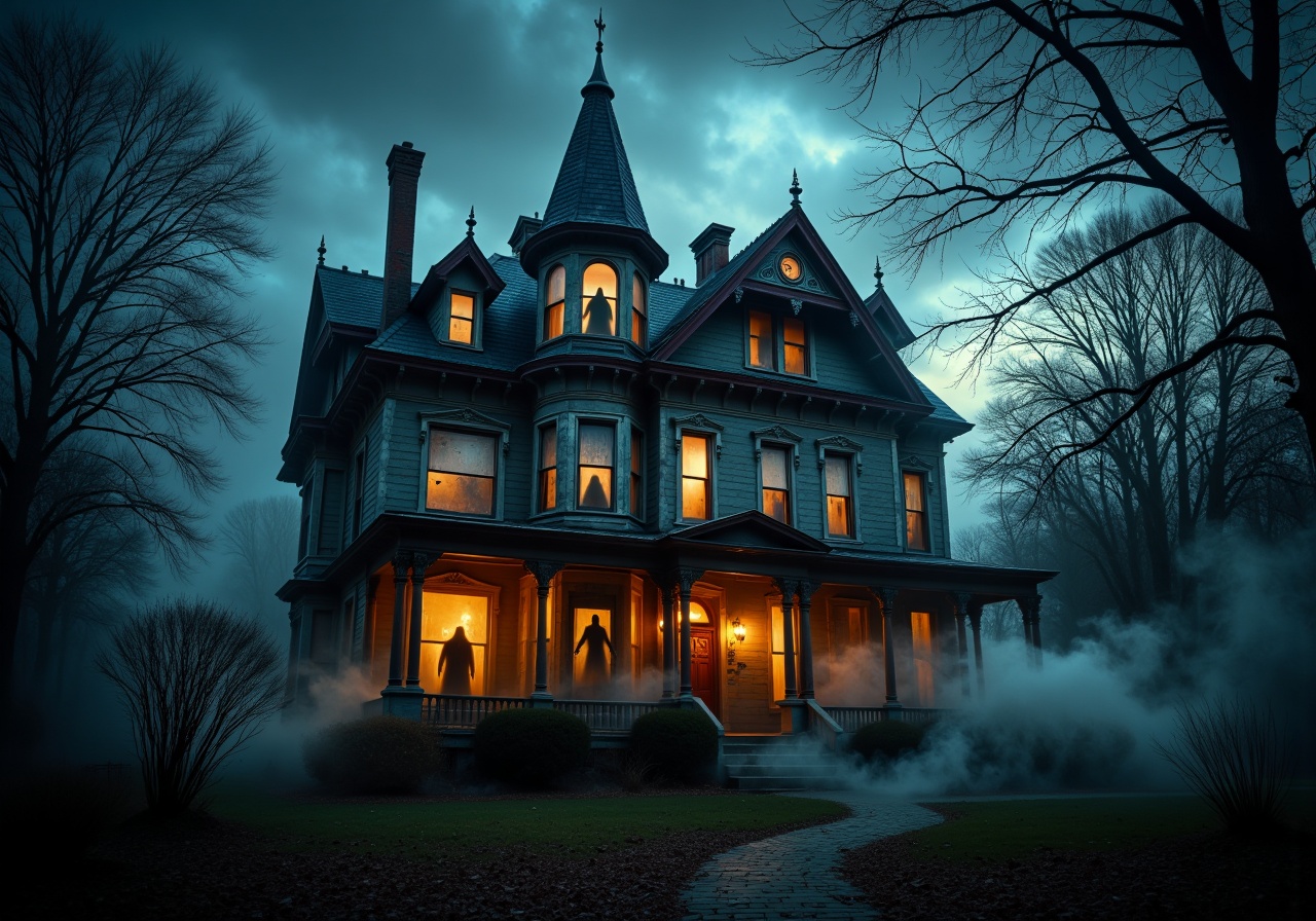 A haunted Victorian mansion: The old house stands tall,  its windows shattered and the door slightly ajar. Faint,  flicker...