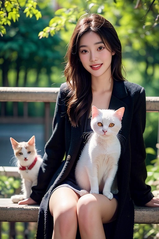 The image features a beautiful young Asian woman with long,dark hair sitting on a balcony with a cat in the background. The woman is looking into the camera with a smile on her face,her eyes sparkling with joy and contentment. Her hair is neatly styled and her makeup is natural yet enhance her features. She wears a black coat that complements her skin tone. The lighting in the image is natural and warm,casting a soft glow on the woman and the surrounding environment. The colors in the image are vibrant and rich,with the blue sky and green trees in the background providing a beautiful contrast to the woman and the cat. The style of the image is casual yet elegant,with the woman's outfit and the setting creating a relaxed and comfortable atmosphere. The quality of the image is excellent,with sharp details and smooth transitions between colors and tones. The woman's action in the image is sitting and smiling,with her hands resting on the railing. Her posture and facial expression convey a sense of happiness and contentment,as if she is enjoying a peaceful and pleasant moment. The woman's expression and the overall atmosphere of the image suggest a sense of relaxation and enjoyment. She seems to be in a good mood,perhaps enjoying a leisurely day or spending time with her cat. The image captures a moment of tranquility and happiness,making it a beautiful and memorable scene.,Film Photography,