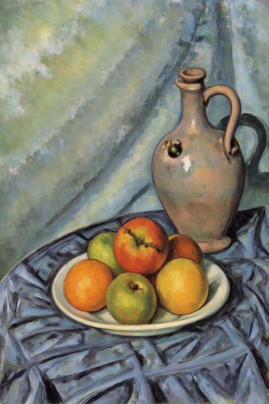 pau1cez painting.A still life arrangement of various fruits on a tablecloth. The background is a soft,  blended mix of blu...