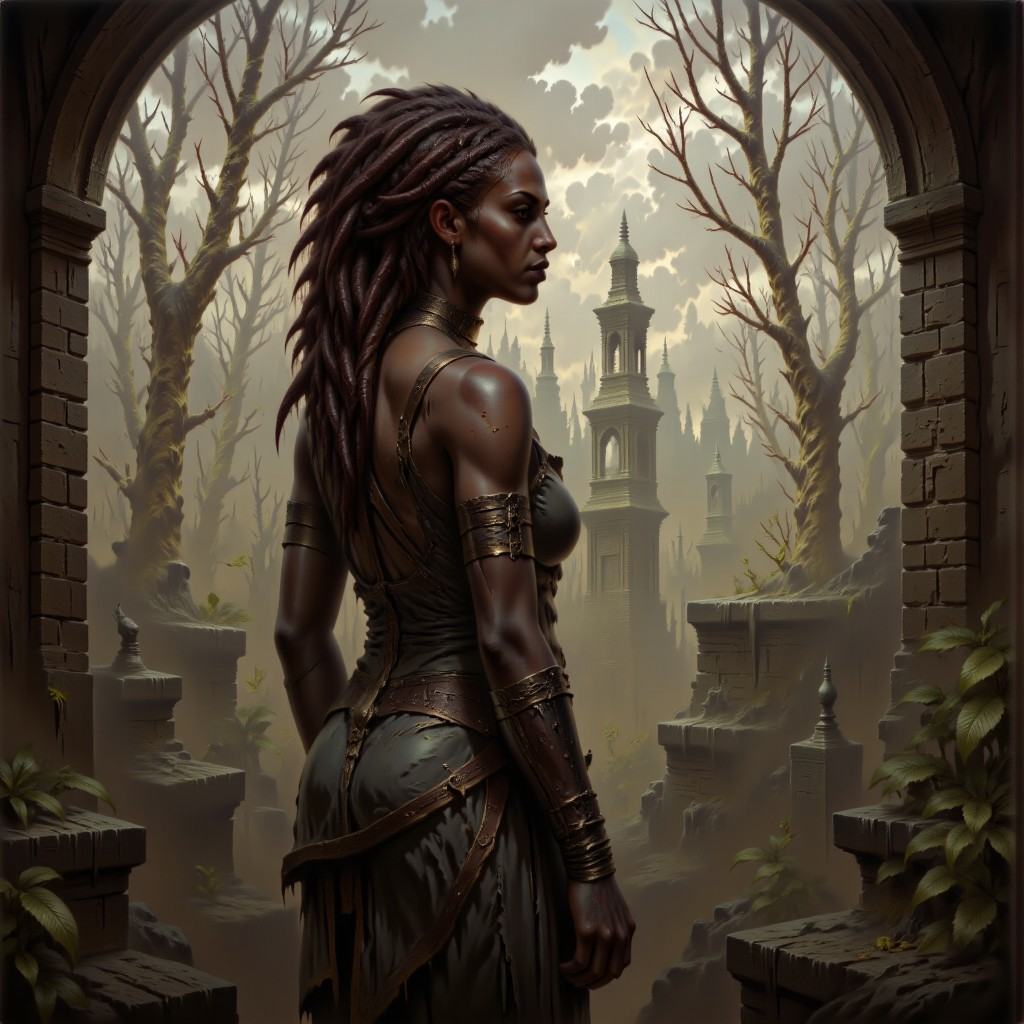 DFOP-V3.0 style dark fantasy oil painting that features a dark skinned,  african woman with dreadlocks in fantasy setting...