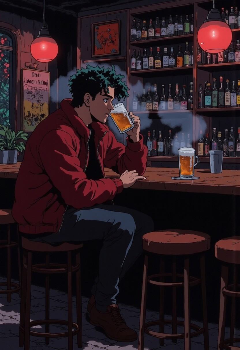 3986738193,  A man in a red jacket drinking a beer in a cyberpunk bar. on Tensor.Art