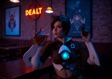 Tracer is a woman having a beer in a cyberpunk pub,  neon lights on Tensor.Art