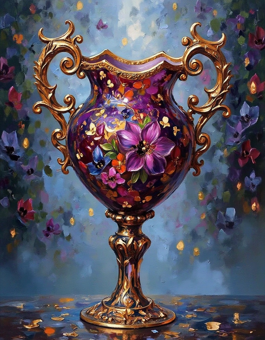 A dibrshstrk style painting,  ,  Exquisite ornate glass vase with intricate gold-plated filigree and delicate floral desig...