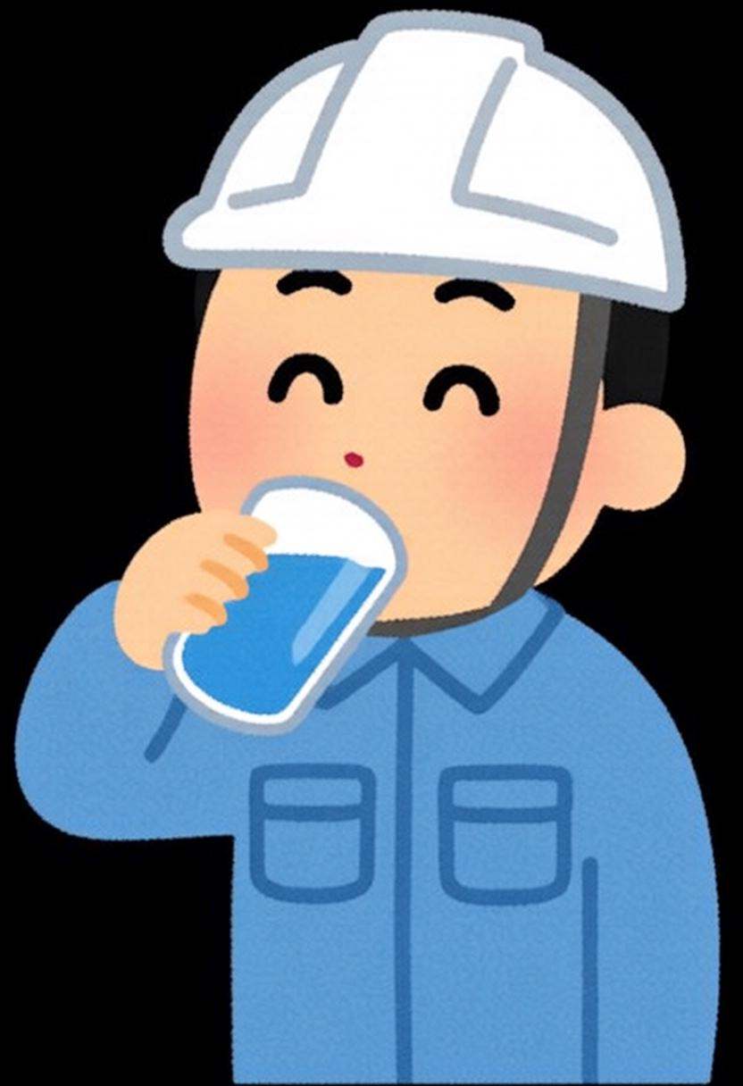 irasutoya3q illustration. A construction worker wearing a white hard hat and a blue work uniform,  drinking from a blue bo...