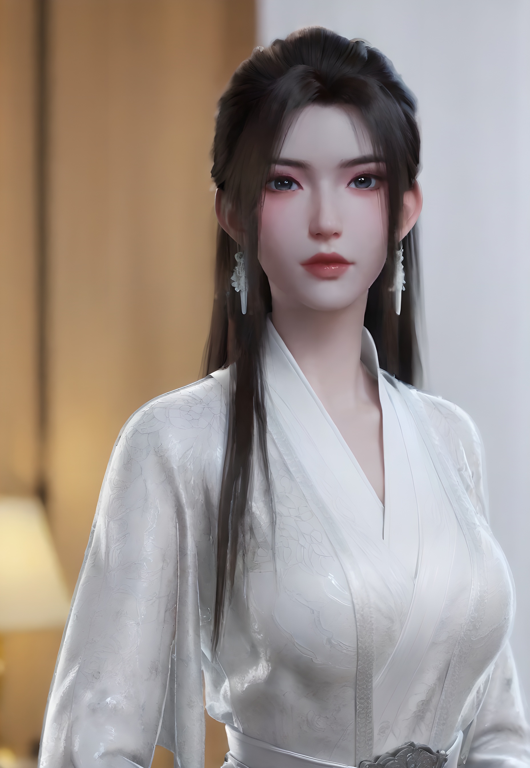 score_9,score_8_up,score_7_up,incredibly absurdres,<lora:SF_FangQingXue_Pony-000005:0.7>,1girl,solo,dress,large breasts,lips,jewelry,earring,long hair,looking at viewer,white background,full_shot,