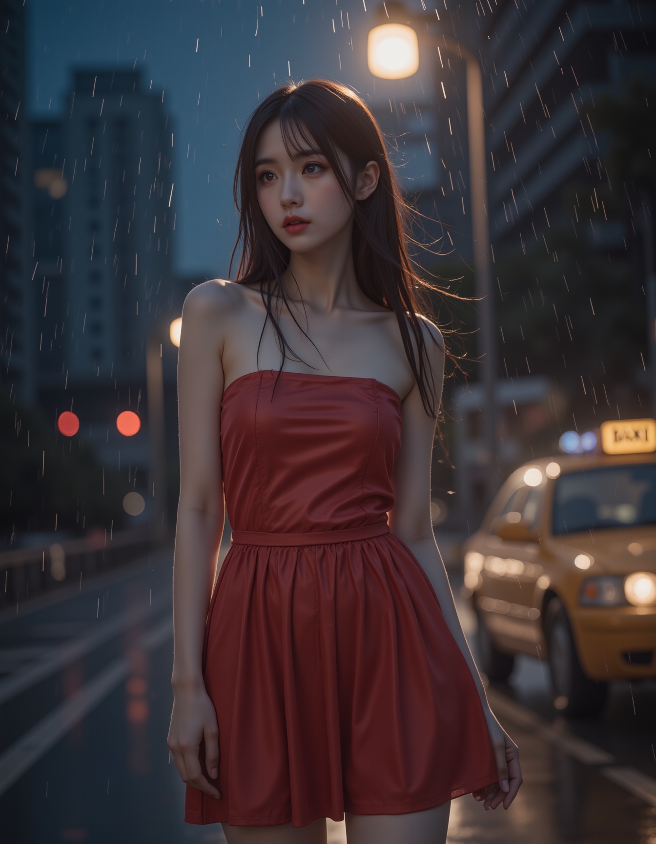 Under the dusk of Hong Kong street corner, drizzle, standing under the street lamp wearing a red strapless skirt evening dress beauty, rain wet her long hair, she affectionately looked at the pedestrian passing on the street overpass, infinite melancholy, roadside driving taxi, the light illuminated her slender legs under the skirt, full of seducing tension.