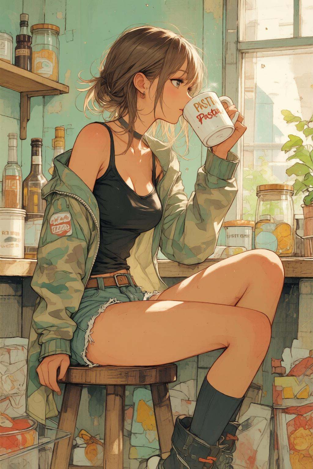 nijimix6q anime style illustration. Watercolor illustration. A young woman,  shown in side profile,  is sitting on a woode...