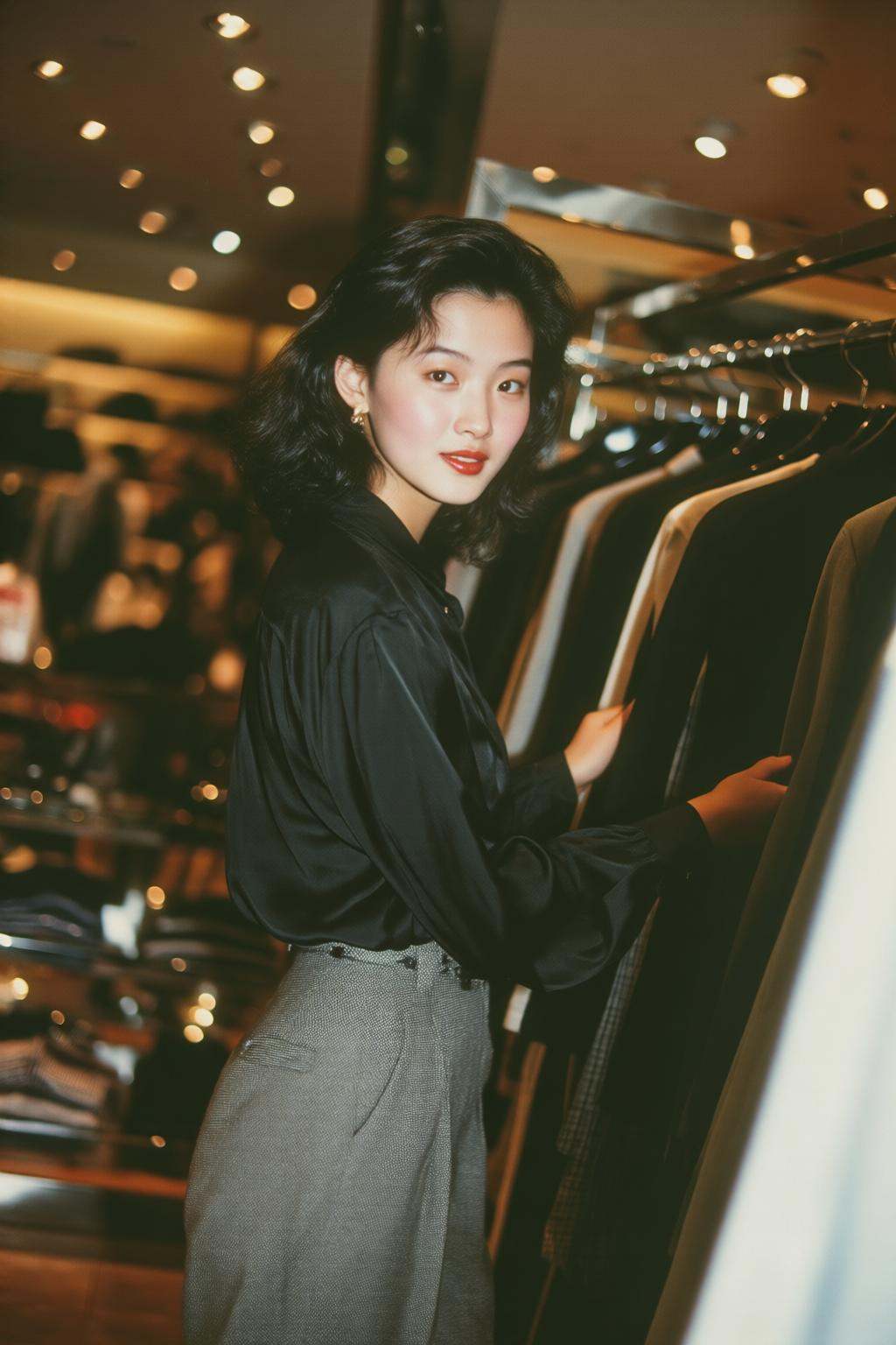 midjourneyanalog9 photograph.A 1990s young Chinese woman with wavy shoulder-length hair,  shown in side profile,  stands i...