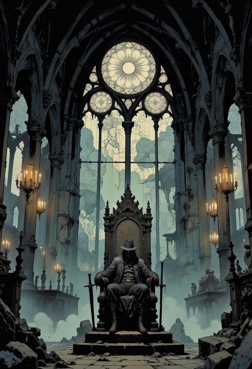 A dark and eerie scene of a hunter man sitting on a throne in a Gothic cathedral. The man is wearing a black suit and a ha...