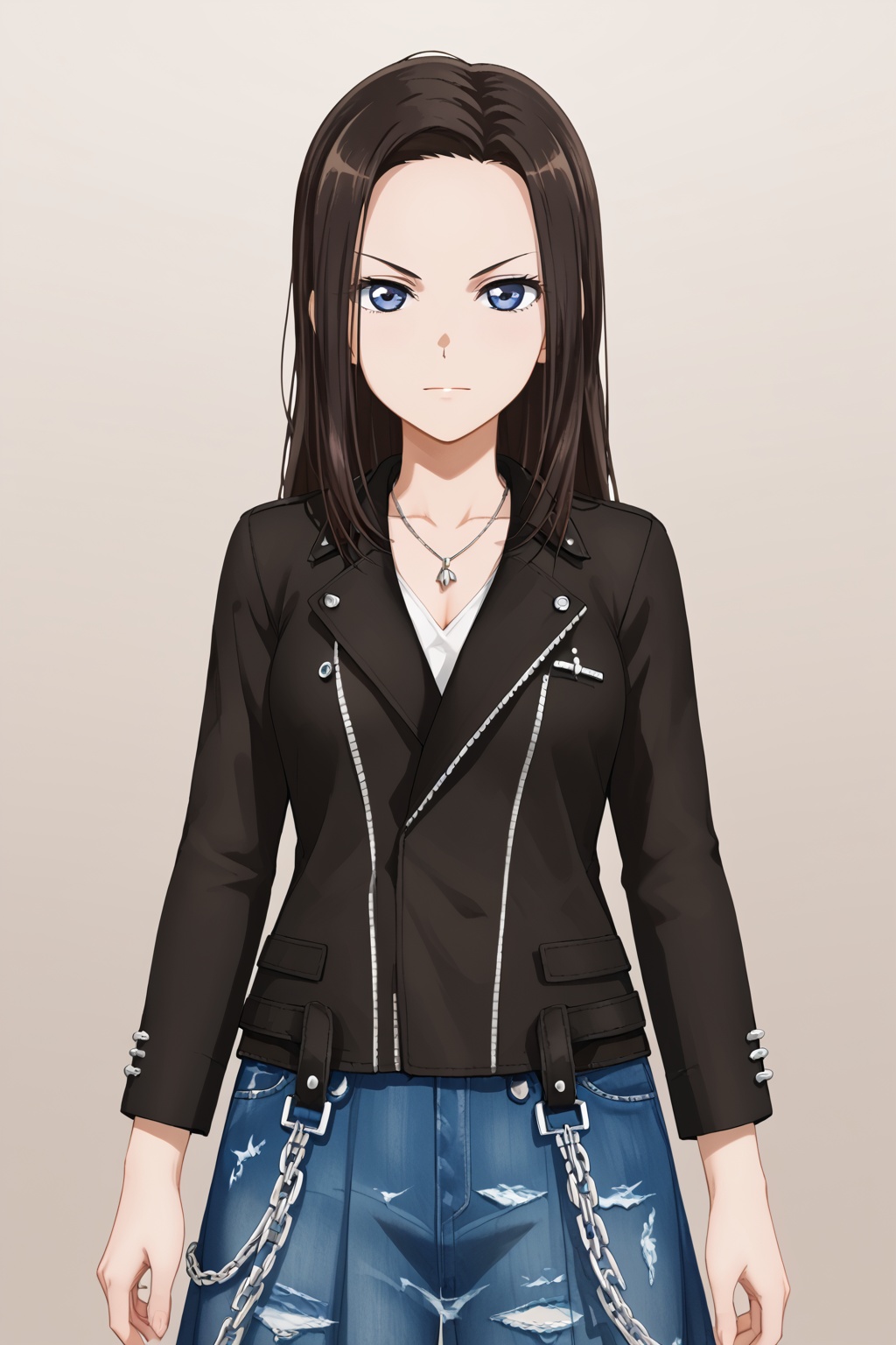 wakana rei, layer, 1girl, solo, long hair, blue eyes, brown hair, forehead, black hair<lora:leyar:0.8>