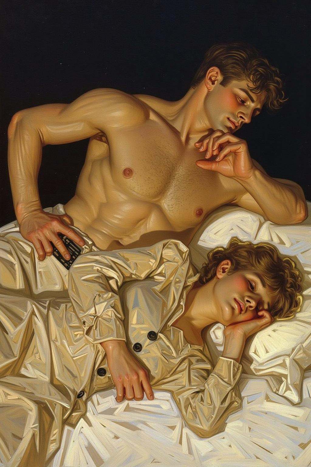 jcleyen1 painting. kako1an intimate scene of two figures,  a man and a woman,  lying closely together. The man on Tensor.Art