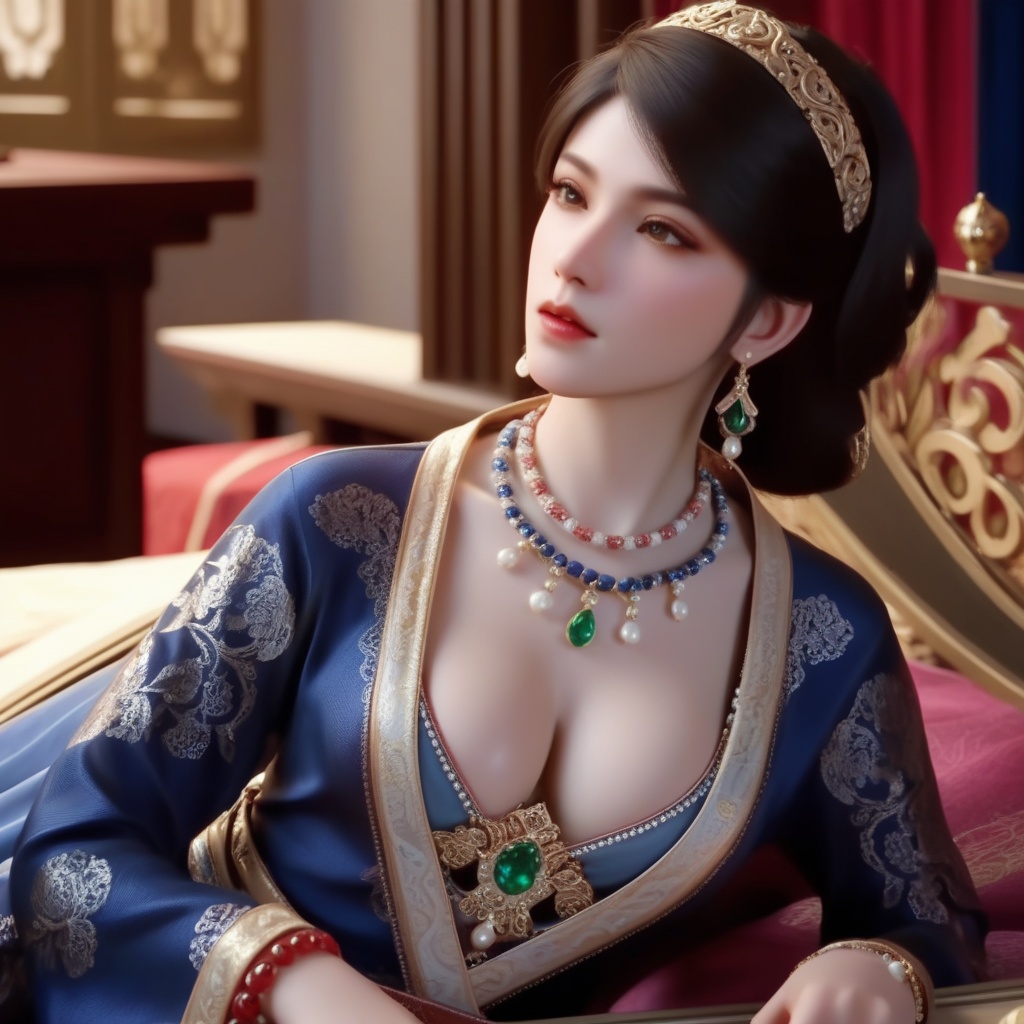 <lora:839-DA-XL-少年白马醉春风-温珞玉:0.6>, (,1girl, ,best quality, ),,masterpiece, ((((1girl, solo , lying, )))) (cleavage),,  (), ,ultra realistic 8k cg,   clean, masterpiece,      (( , )),,  , unreal, science fiction, luxury, jewelry, diamond, gold, pearl, gem, sapphire, ruby, emerald, intricate detail, delicate pattern, charming, alluring, seductive, erotic, enchanting, hair ornament, necklace, earrings, bracelet, armlet,halo,(cleavage),, , (sit),