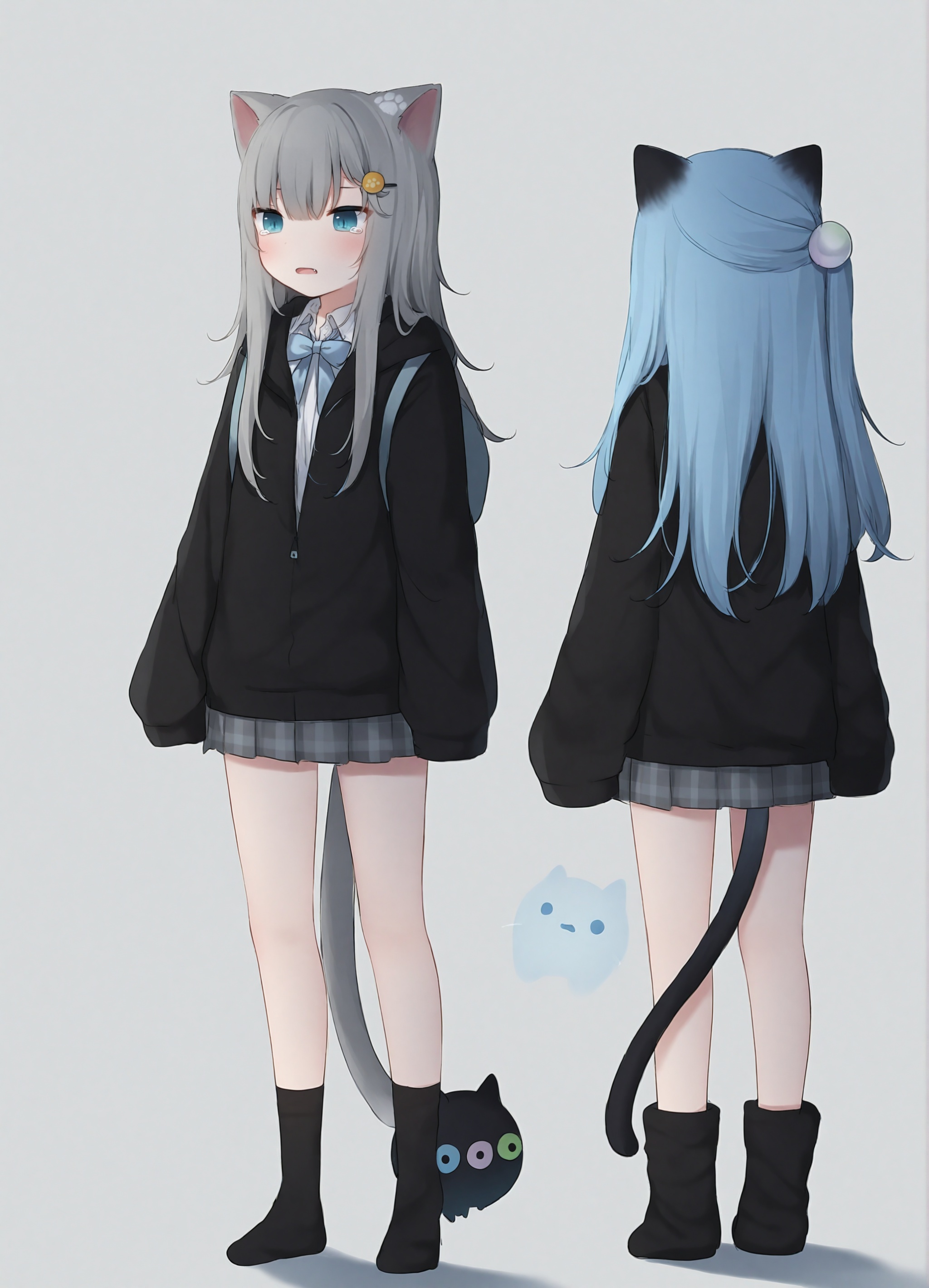 masterpiece, best_quality,high_quality, amashiro_natsuki,paw_in_eyes,face, slit_pupils,cat_eyes,slit_pupils,nachoneko_\(amashiro_natsuki\) or nekohashizuku_\(amashiro_natsuki\), animal_ears, multiple_girls, jacket, hood, blue_eyes, 2girls, black_jacket, cat_ears, cat_tail, collared_shirt, tail, shirt, sleeves_past_wrists, white_shirt, skirt, backpack, hair_ornament, hood_down, grey_skirt, cat_girl, blue_hair, bow, hooded_jacket, grey_hair, socks, no_shoes, long_hair, bag, bangs, dress_shirt, pleated_skirt, parted_lips, sleeves_past_fingers, standing, white_background, blue_bow, romaji_text, hair_between_eyes, very_long_hair, fang, open_mouth, shadow, one_side_up, plaid, long_sleeves, hairclip, open_jacket,crying,sad,character_name