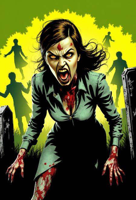 a zombie woman with pale greenish skin and glowing red eyes. Her mouth is open wide in a terrifying scream,  revealing blo...