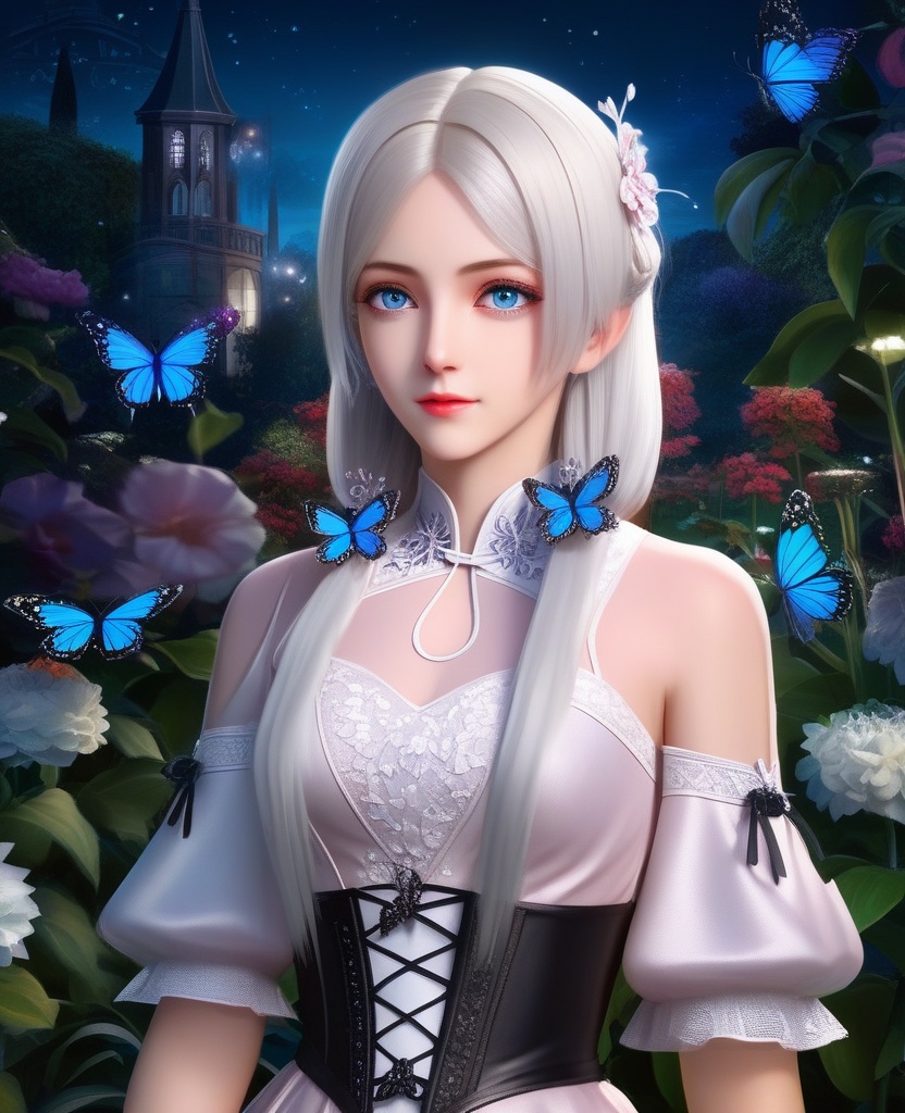 <lora:843-DA-XL-元龙-宋嫣:0.8>, (masterpiece),(best quality),night,glowing eyes,gothic,long dress, 1 girl, solo, long white hair, blue eyes, detailed eyes, blink and youll miss it detail,butterfly, flower garden, high quality, floral background, very detailed,off shoulde
