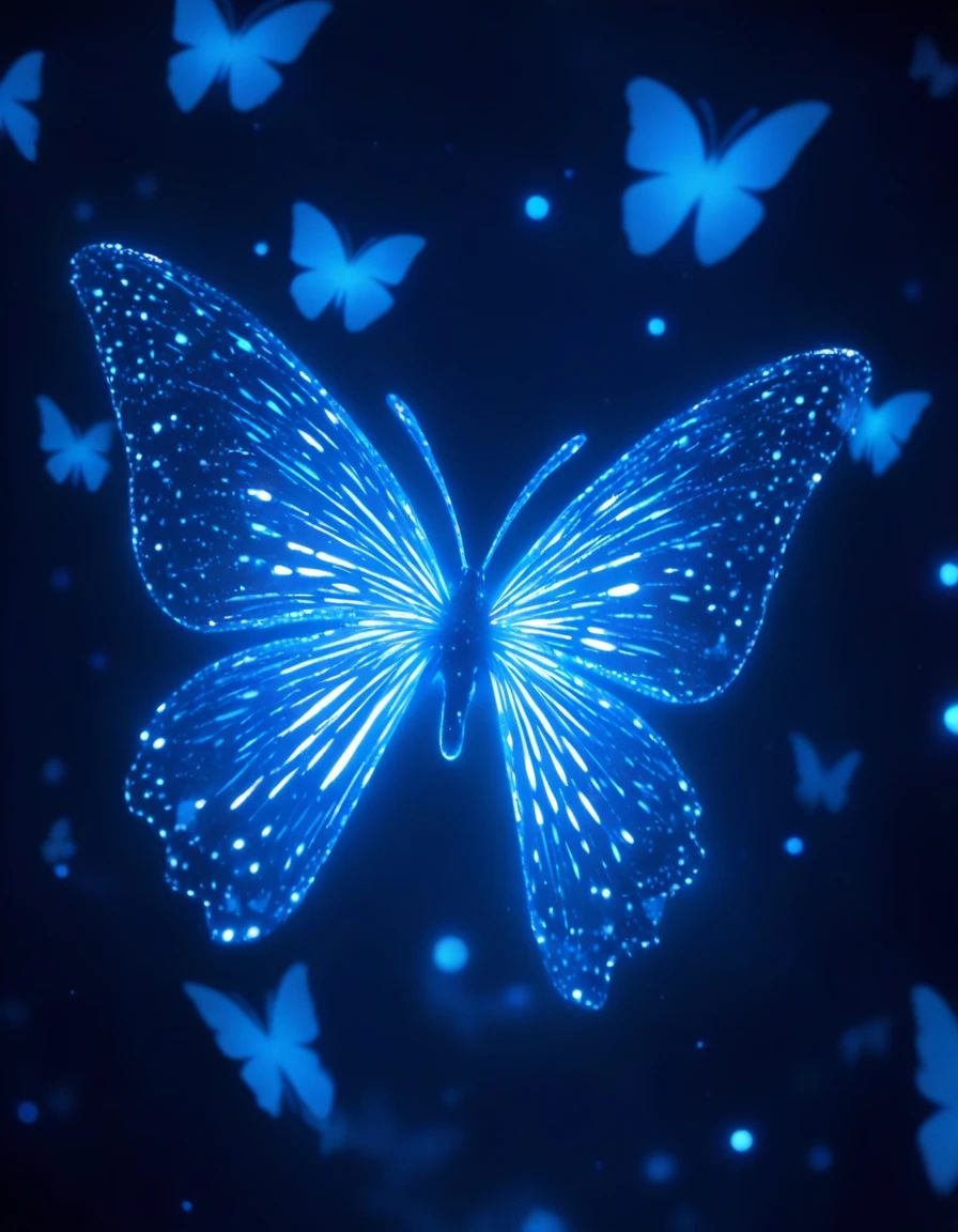 A digital artwork of a large blue butterfly with glowing dots forming its body and wings,  surrounded by smaller butterfli...
