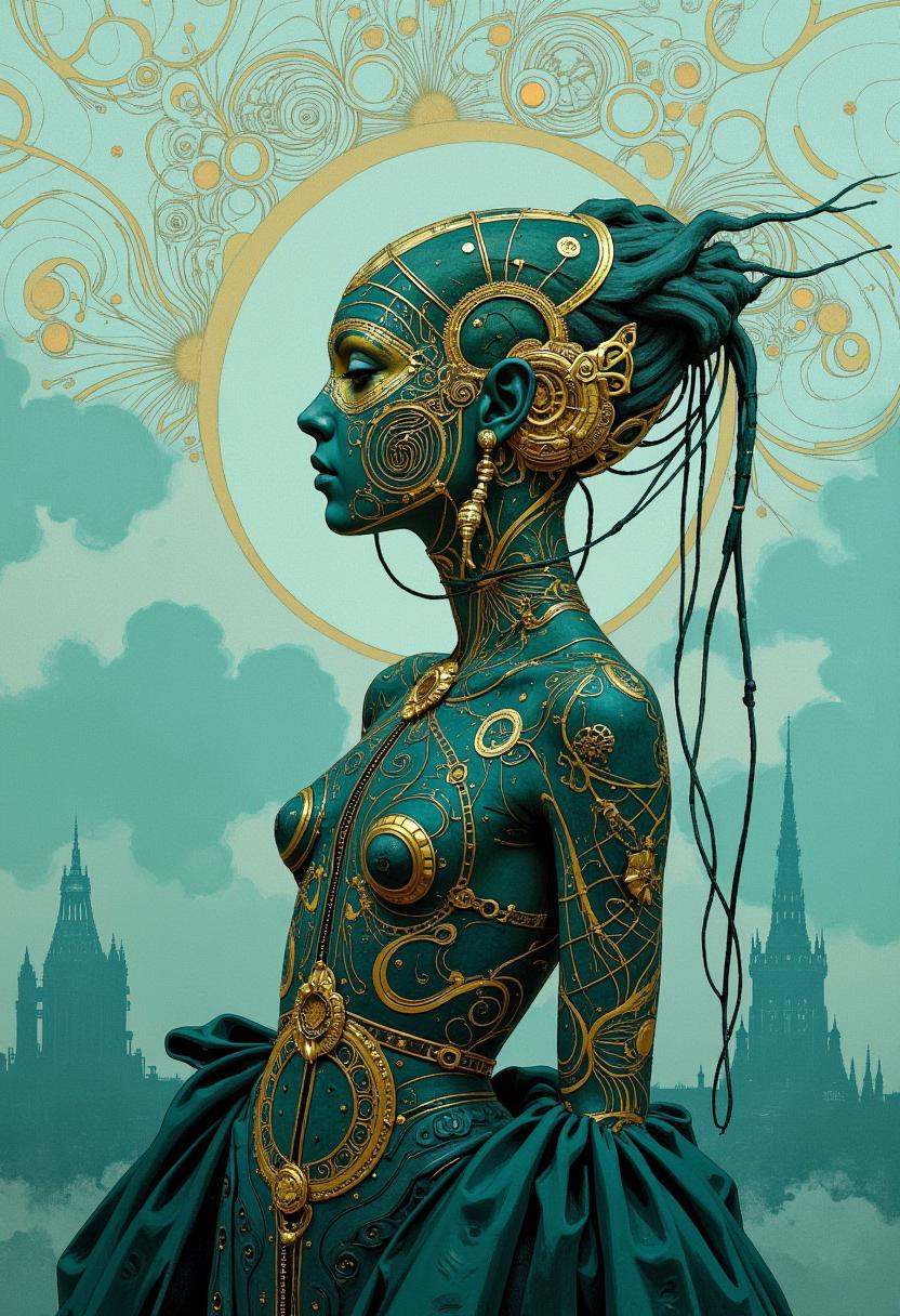 A digital illustration in style of James C. Christensen Ethereal minimalist Alien race cybergoth fashion photography drawi...