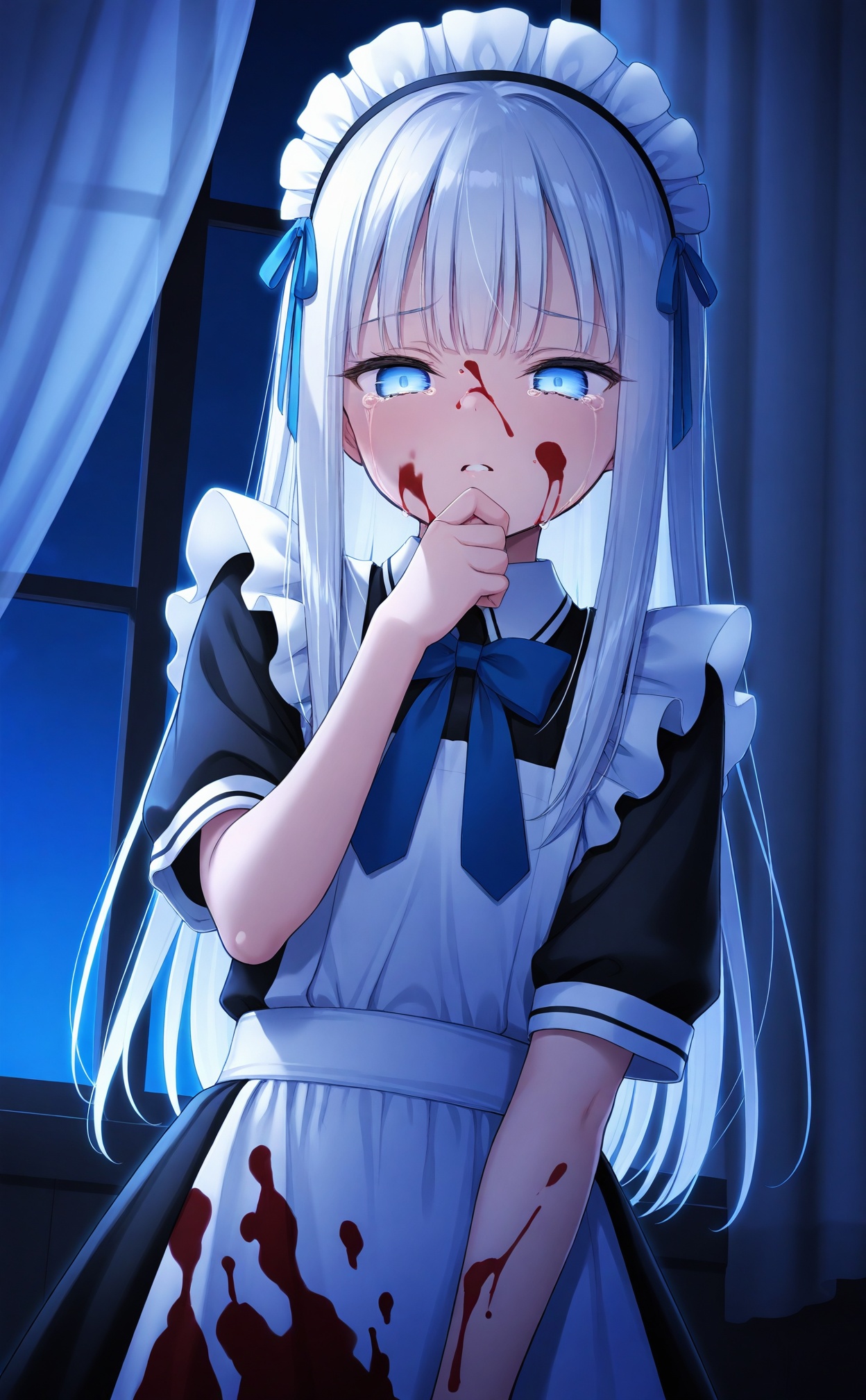 masterpiece,best quality,high quality,loli,Amazing,highres,intricate detail,best illumination,best shadow,(late at night),night,(Dark blue theme),Depth of field,window,White curtains,1girl,solo,bangs,blood on face,dark persona,white hair,Blue bow tie,maid,Short sleeve,apron,maid headdress,long hair,hand on own chin,teary-eyed,blood on clothes,blood,maid apron,