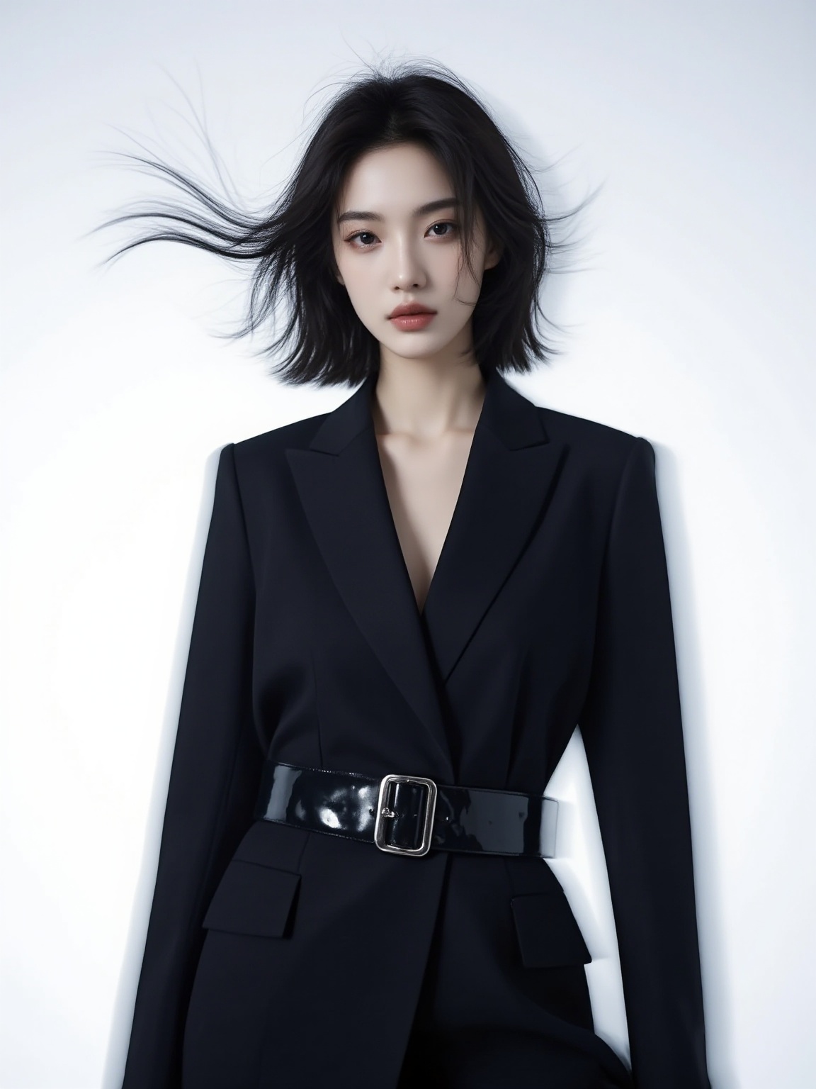 1girl,  The photograph is a high-resolution,  minimalist portrait of a young Asian woman with a serene expression. She has...
