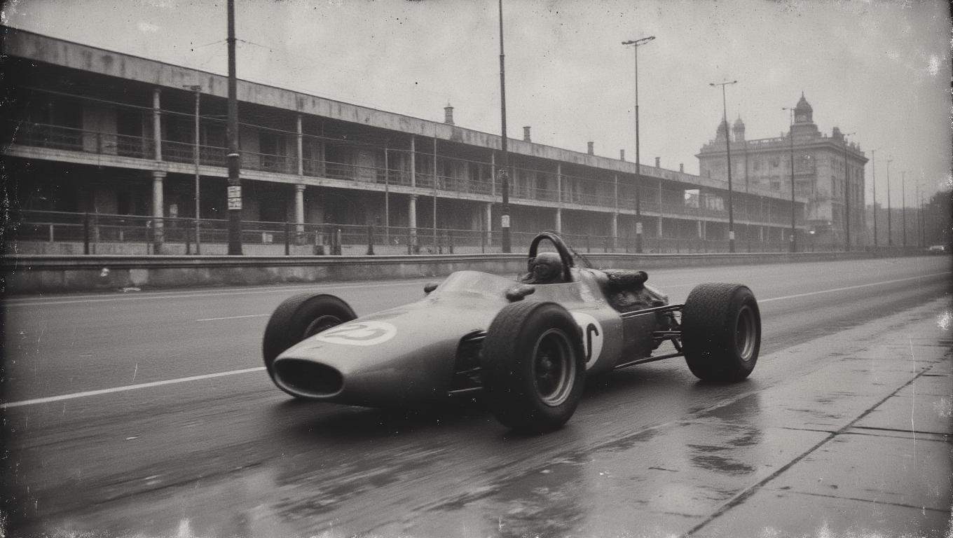 35mm B&W vintage street photo of an old F1 Car on a pit lane on Tensor.Art
