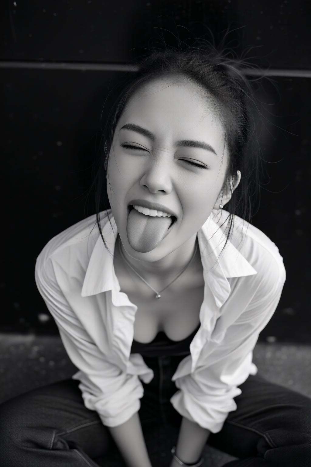 midjourneyhighangle13q High angle view. Black and white photograph. Close-up of a young Asian woman making a funny face wi...