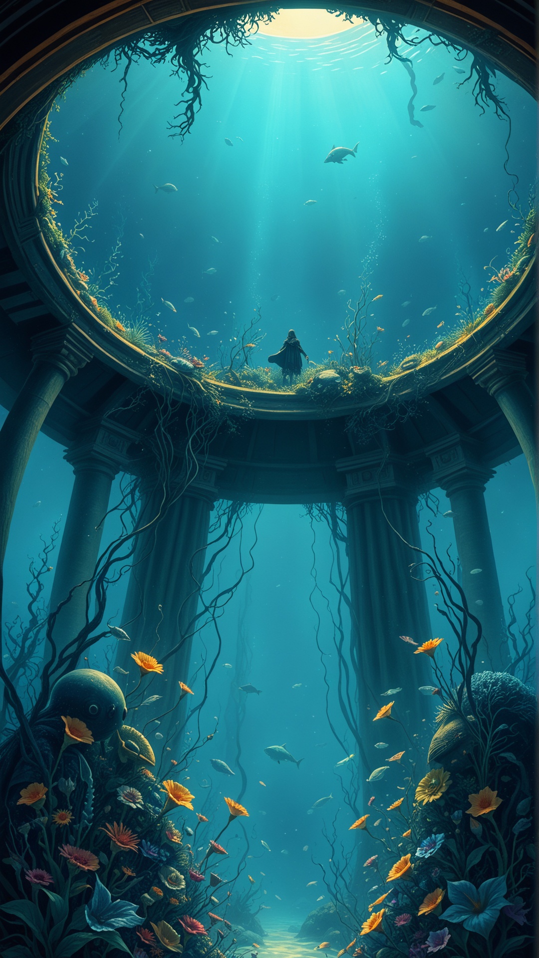 Fl0w3rGr0wnStyle Realistic digital painting of a mysterious underwater city at night,  with glowing buildings,  schools of...