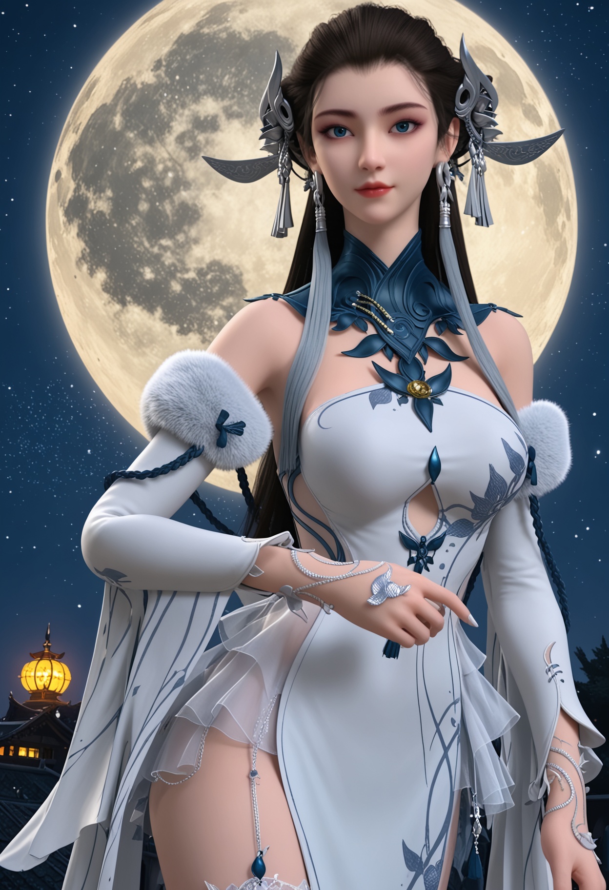 (score_9:1.1),1girl,solo,(upper_body:1.2),looking at viewer,(moon:1.1),(night:1.1),sky,night sky,(full moon:1.1),(huge planetary background:1.1),moonlight,<lora:YQponybaiyijunV2:0.8>,q1528437228,solo,1girl,long_hair,hair_ornament,dress,jewelry,bare_shoulders,brown_hair,earrings,realistic,white_dress,detached_sleeves,black_hair,blue_eyes,tassel,chinese_clothes,fur_trim,see-through,boots,high_heels,tassel_earrings,necklace,white_footwear,black_footwear,thighhighs,fingernails,fingers,