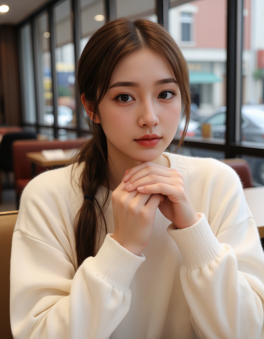 A young asian woman with fair skin and long brown hair tied back in a loose ponytail,  wearing a white,  long-sleeved swea...