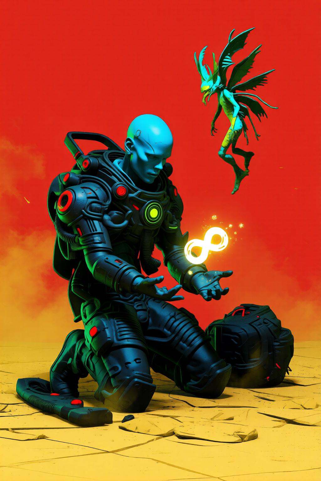 pascalblanche2q illustration. A bald humanoid figure with blue skin in a suit,  kneeling on the ground. The suit is bulky...