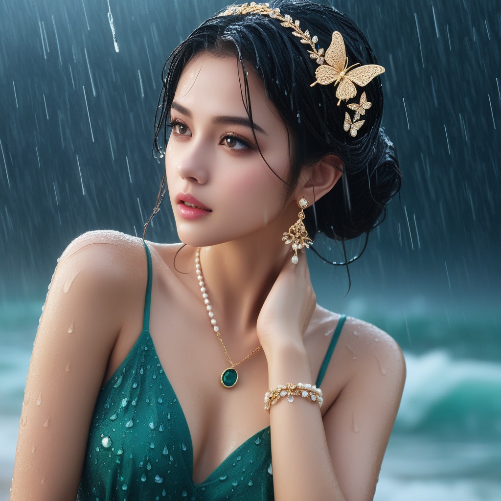 <lora:836-DA-XL-朴正允-绿-B:0.8>, (,1girl, ,best quality, ),, ,ultra detailed 8k cg,   ,masterpiece((((1girl, solo,  , ,solo focus, wet,sweat, ocean,rain, water drop, )))) (, , sweatdrop, flying sweatdrops, sweating profusely,colorful drop \(module\), )   clean, masterpiece,     cinematic lighting, cinematic bloom,   , unreal, science fiction, luxury, jewelry, diamond, gold, pearl, gem, sapphire, ruby, emerald, intricate detail, delicate pattern, charming, alluring, seductive, erotic, enchanting, hair ornament, necklace, earrings, bracelet, armlet,halo,butterfly,