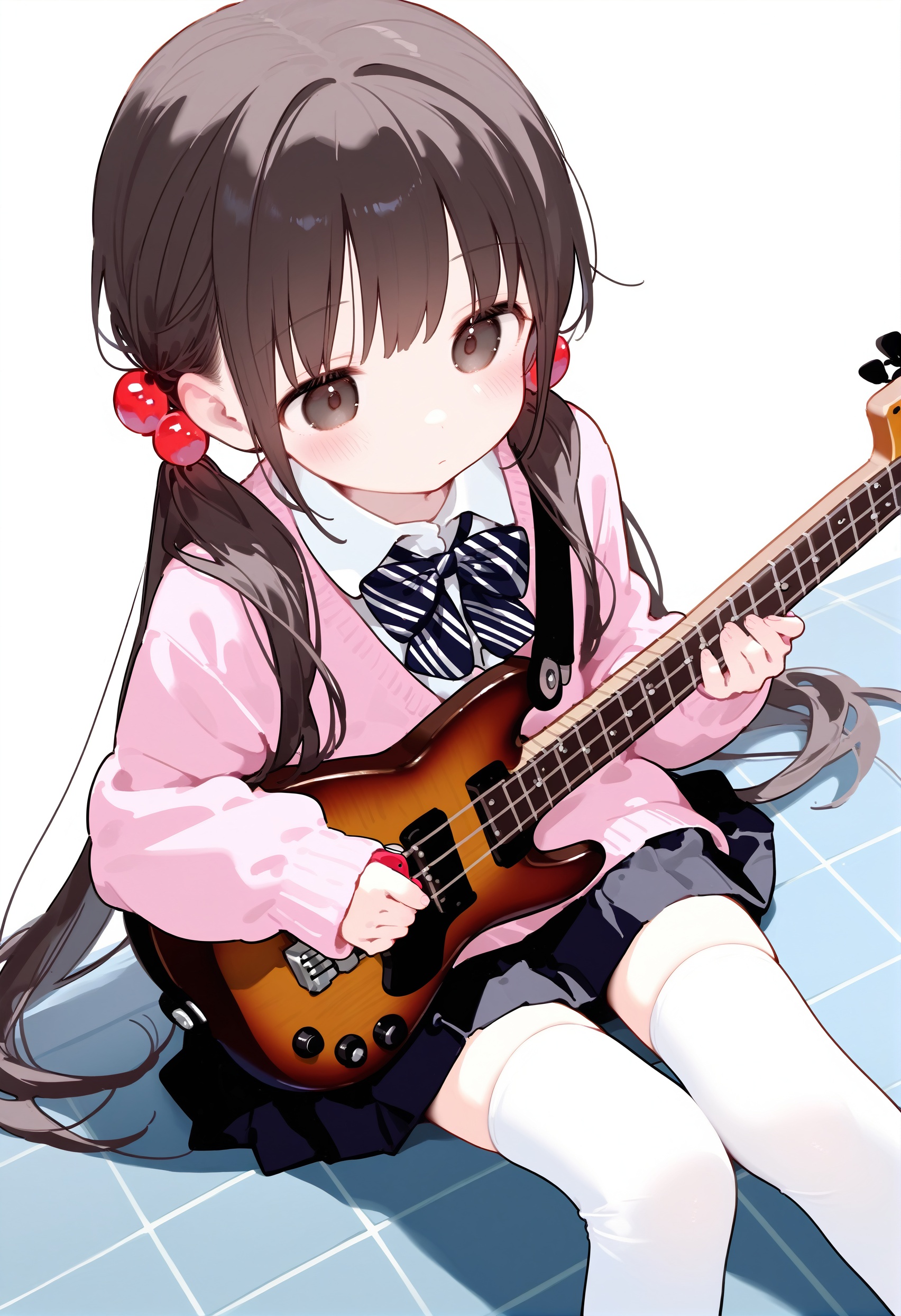 loli,1girl,solo,instrument,thighhighs,playing instrument,music,guitar,long hair,twintails,skirt,sitting,white thighhighs,electric guitar,school uniform,black hair,bow,hair ornament,plectrum,holding instrument,pleated skirt,bowtie,brown eyes,striped bow,black eyes,zettai ryouiki,black skirt,sweater,cardigan,striped bowtie,black bow,tiles,closed mouth,pink sweater,black bowtie,shirt,tile floor,white background,holding,long sleeves,on floor,collared shirt,pink cardigan,simple background,hair bobbles,white shirt,brown hair,very long hair,low twintails,from above,striped clothes,miniskirt,bass guitar,