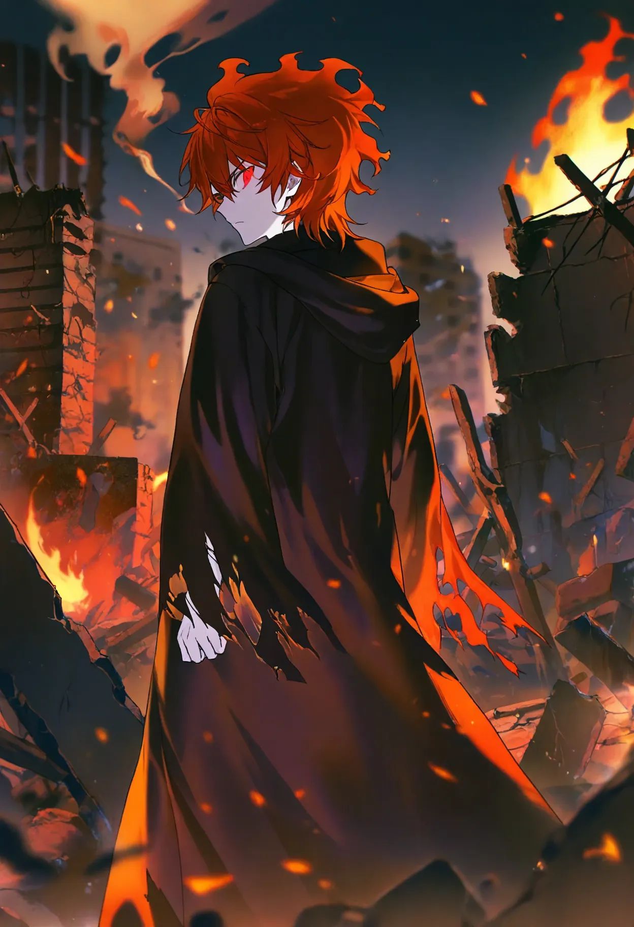 1boy, solo,fiery messy hair, red hair, orange hair,red eyes, glowing eyes, intense gaze,torn dark clothes, tattered robes, worn leather, long sleeves,ruins, burning city, fire, embers, smoke, ash, night, desolate wasteland, collapsed buildings,looking back, determined look, serious expression,masterpiece, extremely aesthetic, dreamy atmosphere, intense warm colors, vivid colors, saturated,detailed background, dramatic lighting,by rella, by konya karasue, vivid colors, saturated