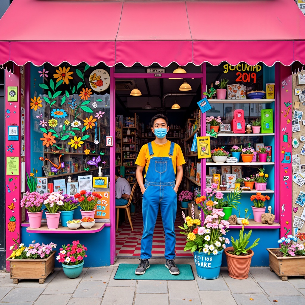 Realitycompositing,there is a man standing in front of a store with a face mask on,james jean and petra cortright,David ****,vivid colorful comics style,artist wearing overalls,vibrant cartoon art,vivid colorful comic style,style of ian hubert,colorful comics style,korean artist,artwork in style of sheng lam,colorful doodle art,victo ngai and tristan eaton,kenny wong x pop mart,juxtapoz aesthetic,illustrated in whimsical style,flower shop scene,trending on artstartion,hsiao-ron,roy lichtenstein and jackie tsai,trending on artstatioin,great use of line work and color,multi-layered artworks,Victor Wang,wonderful compositions,trending on artstration,artist wearing torn overalls,hyung-tae kim,hyung - tae kim,hi - fructose art magazine,art style of noel coypel,trending on artstattion,coloring book style,