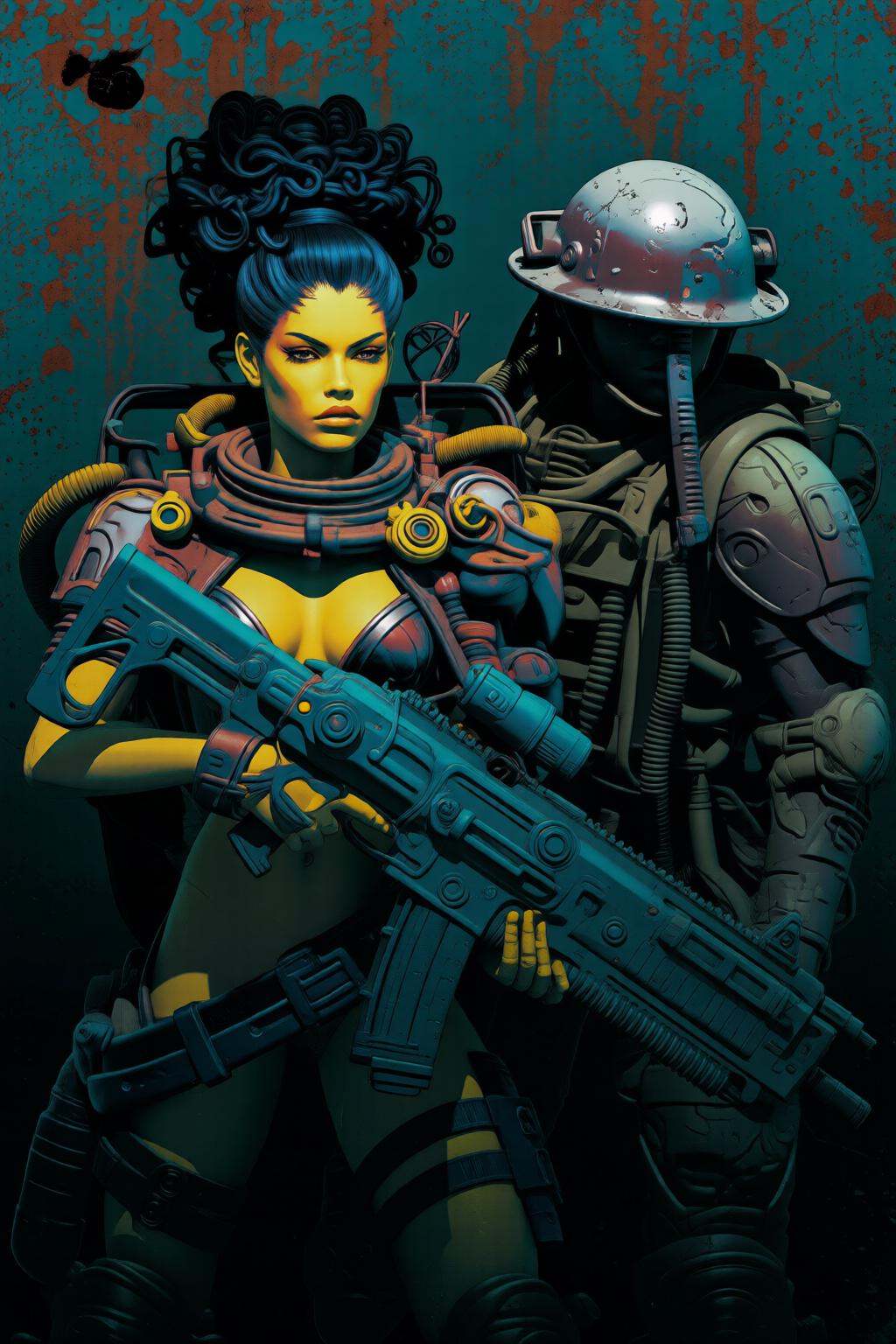 pascalblanche2q illustration. A woman with dark curly hair styled in an updo,  wearing a high-tech outfit adorned with mec...