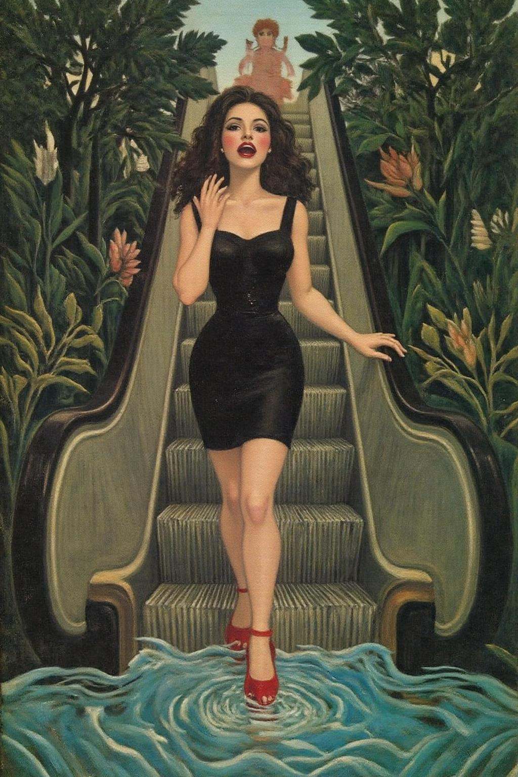 henrou1 paintinga woman in a chic little black dress and vibrant red high heels,  gracefully descending an escalator. She...