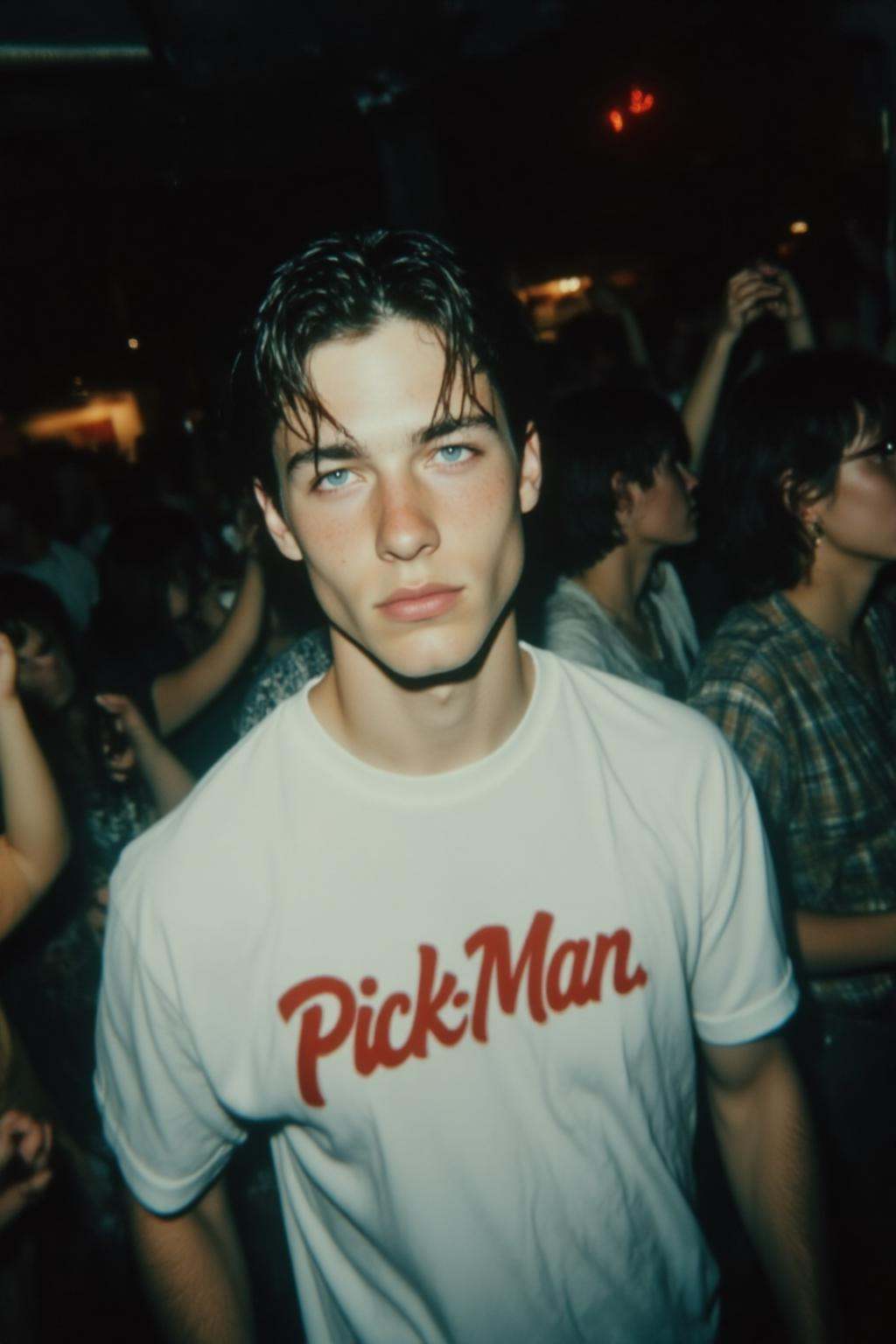 midjourney analog photograph.A young man with dark,  short,  slick hair and blue eyes in a white t-shirt with the text "Pi...