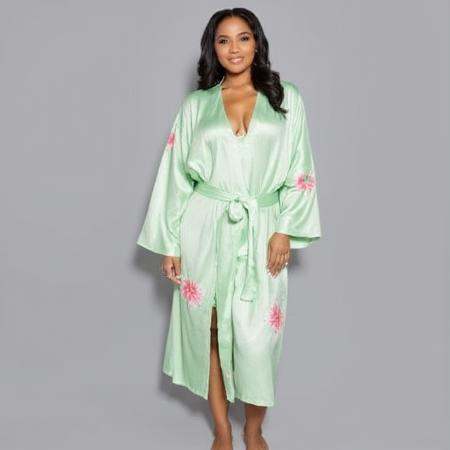 photograph,  Toya standing,  light green satin robe with floral patterns on Tensor.Art