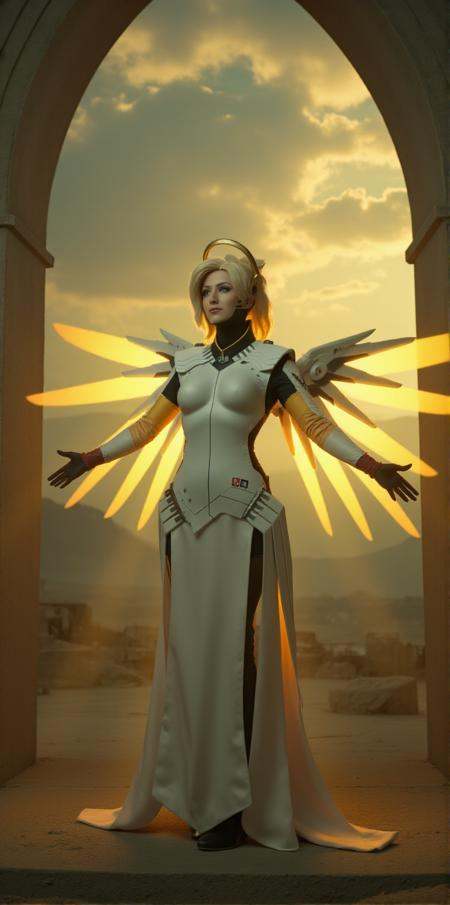 Mercy,  a woman with a halo and wings,  is standing opened arms like a godly figure in a mystical scenery on Tensor.Art