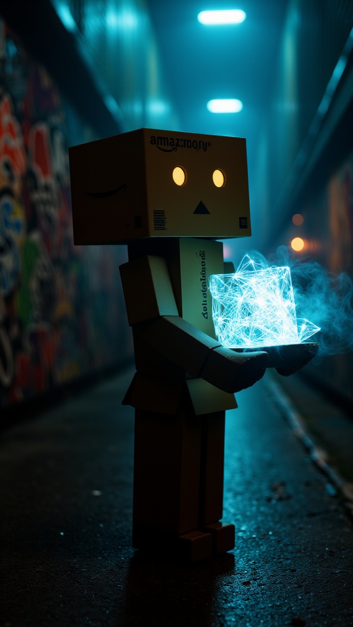 "aidmaDanbo in a dark,  futuristic cityscape,  graffiti-covered walls behind him on Tensor.Art