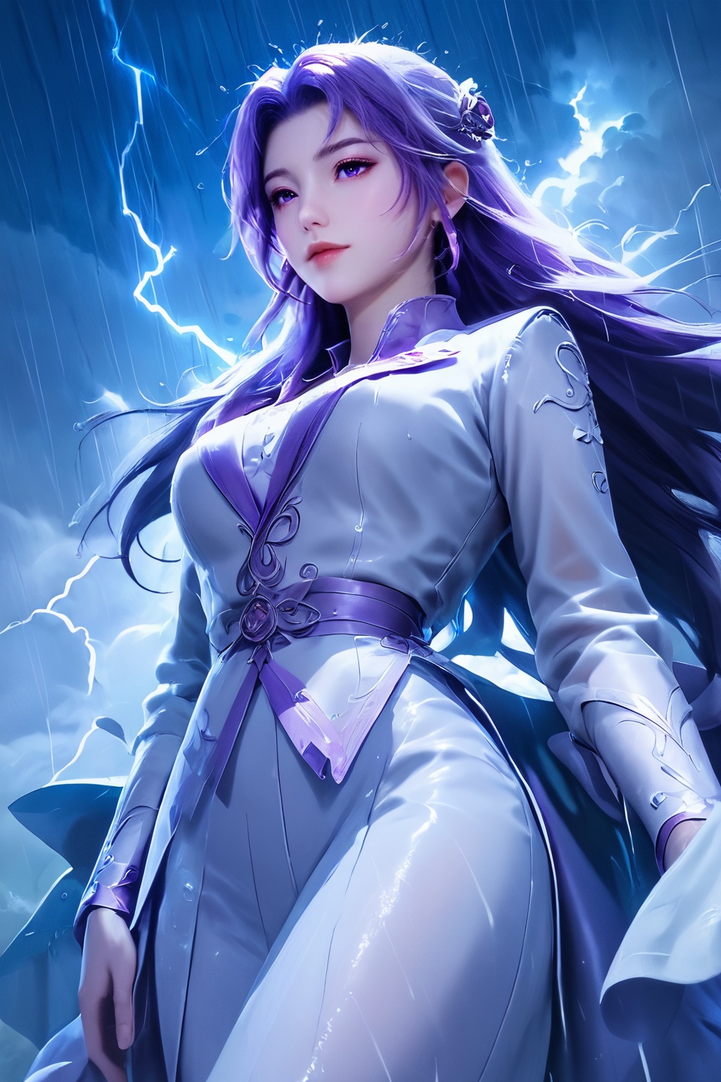 score_9,score_8_up,score_7_up,1 girl,lbc_yunxiao,focus,beautiful eyes,noble purple,cicada wing,thundercloud weather,lightning,dark oppressive skies,rain,cowboy_shot,from_below,light particle effect,sharp lighting,