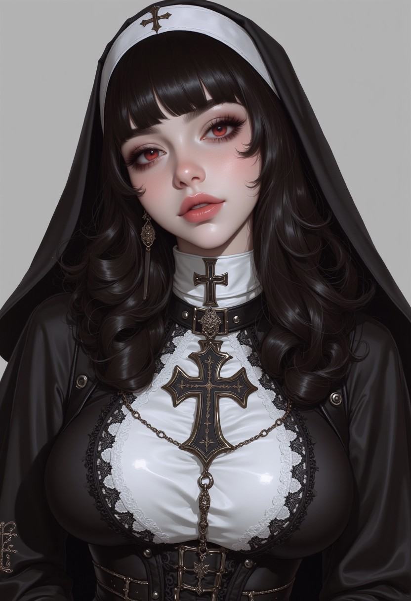 This is a highly detailed,  digital illustration of a young woman in a provocative nun costume,  created in a hyper-realis...