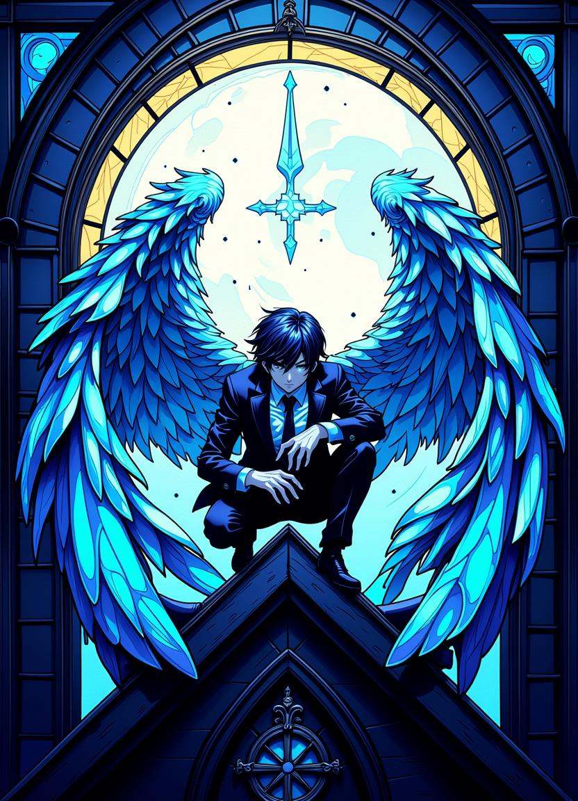 A male angel with piercing blue eyes and short,  tousled platinum blonde hair,  clad in an impeccably tailored black suit...